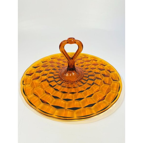 Amber Serving Tray With Handle | Indiana Colony Cubist Bube Diamond Pattern 12" - Picture 3 of 16